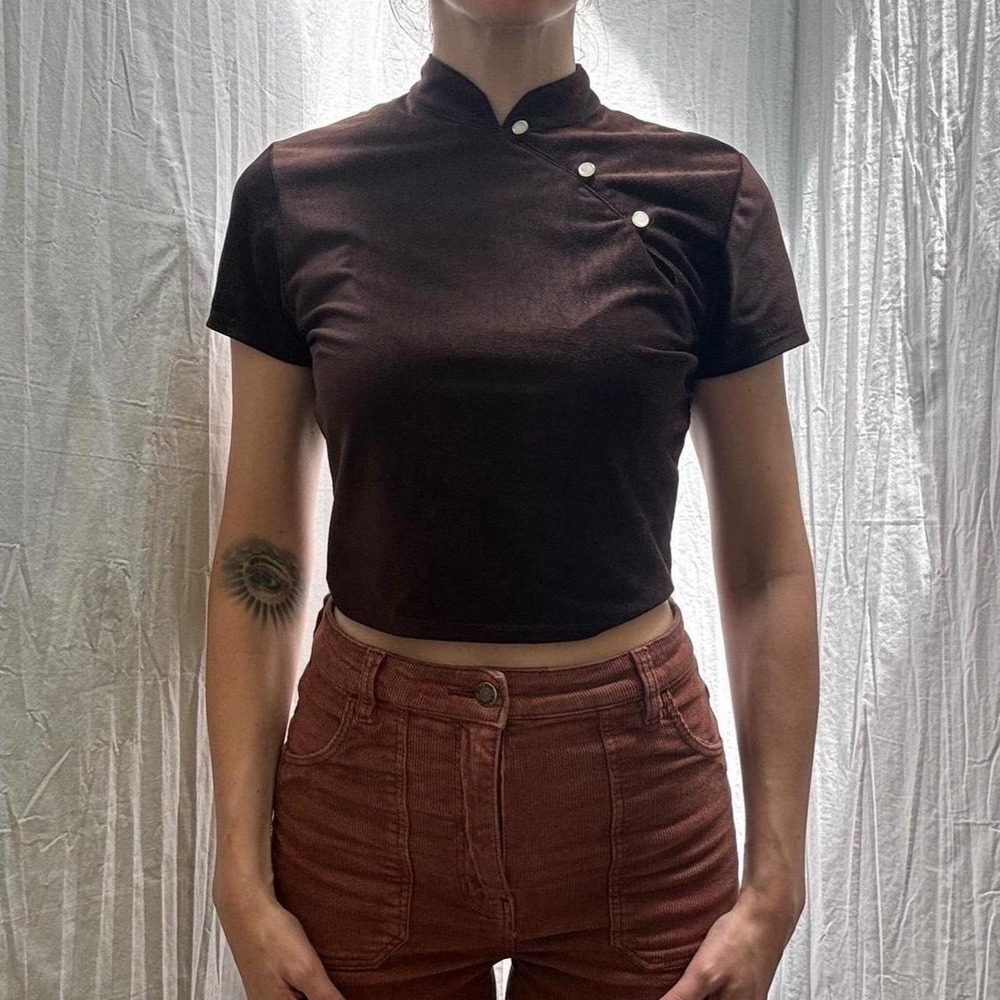 Brown Velvet Mandarian Collar Crop Top Vintage 90s/Y2K Small Hot Kiss Grunge Alt - Picture 8 of 8